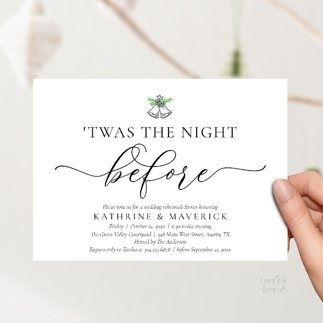Twas The Night Before Classy Rehearsal Dinner Invitation ('Twas The Night Before Modern Romantic Wedding Rehearsal Dinner Invitation Card PDF Black White)