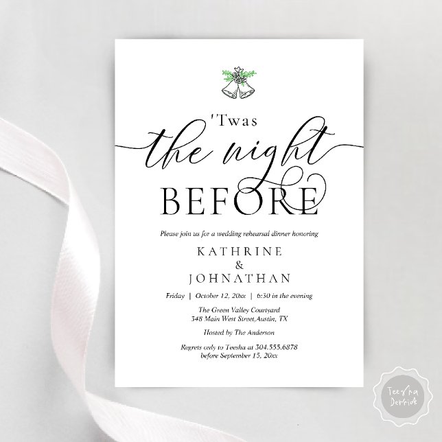 Twas The Night Before Modern Rehearsal Dinner Invitation (Twas The Night Before Wedding Rehearsal Dinner Party Invites Card mistletoe wedding bell black white)
