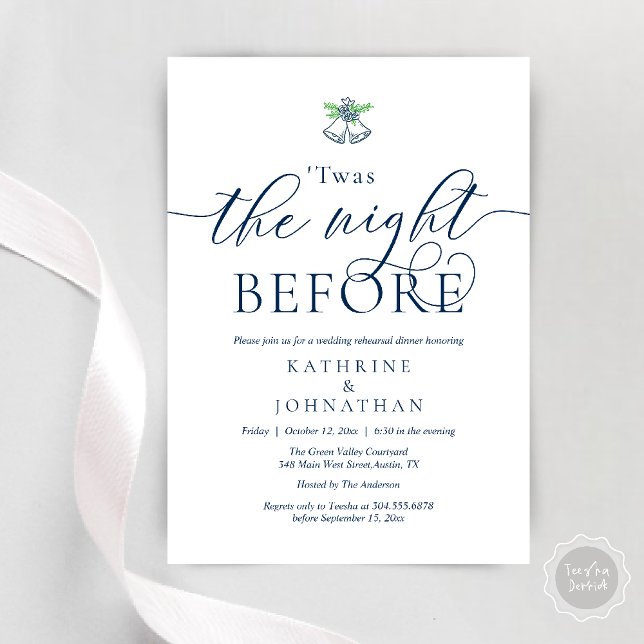 Twas The Night Before Modern Rehearsal Dinner Invitation (Twas The Night Before Wedding Rehearsal Dinner Party Invites Card mistletoe wedding bell navy blue)