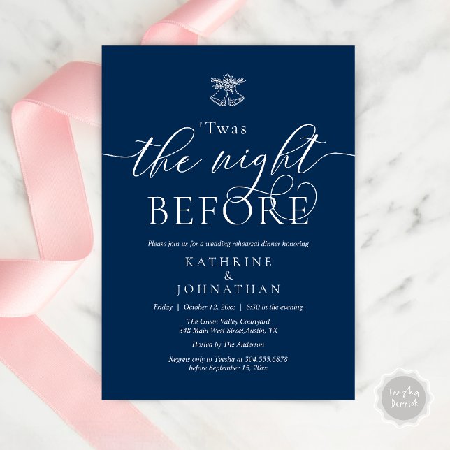 Twas The Night Before Modern Rehearsal Dinner Invitation (Twas The Night Before Wedding Rehearsal Dinner Party Invites Card mistletoe wedding bell navy blue)