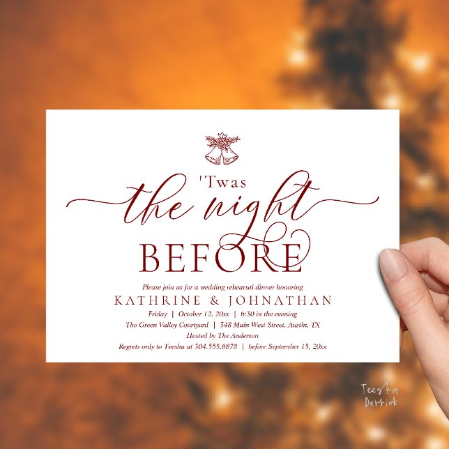 Twas The Night Before Modern Rehearsal Dinner Invitation ('Twas The Night Before Modern Romantic Wedding Rehearsal Dinner Invites Card PDF Burgundy Wine Red)