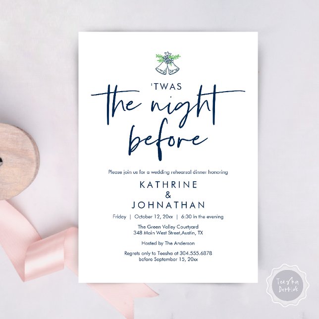 Twas The Night Before Wedding Rehearsal Dinner Invitation (Twas The Night Before Wedding Rehearsal Dinner Party Invites Card mistletoe wedding bell navy blue)
