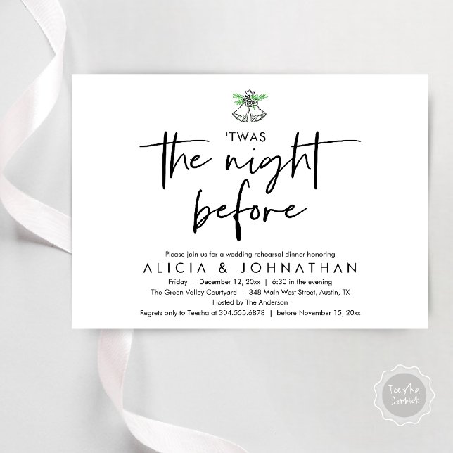 Twas The Night Before, Wedding Rehearsal Dinner Invitation (Twas The Night Before Wedding Rehearsal Dinner Party Invites Card mistletoe wedding bell black white)