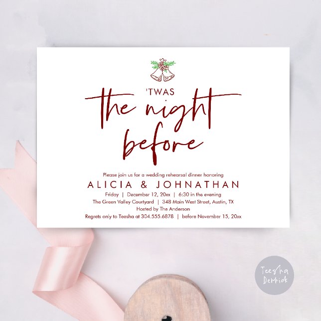 Twas The Night Before, Wedding Rehearsal Dinner Invitation (Twas The Night Before Wedding Rehearsal Dinner Party Invites Card mistletoe wedding bell burgundy)