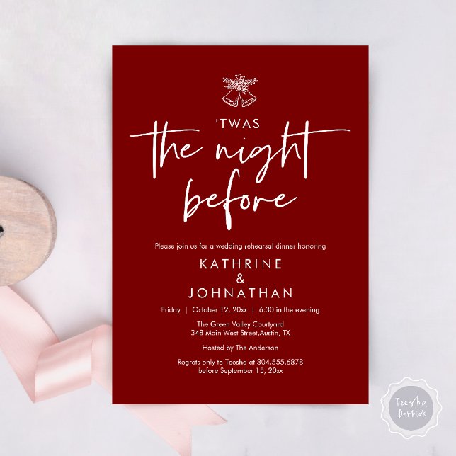 Twas The Night Before Wedding Rehearsal Dinner Invitation (Twas The Night Before Wedding Rehearsal Dinner Party Invites Card mistletoe wedding bell burgundy)
