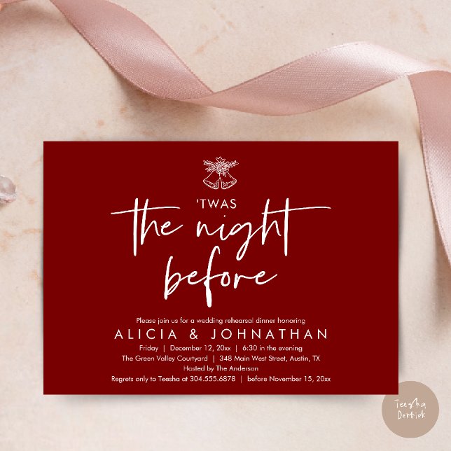 Twas The Night Before, Wedding Rehearsal Dinner Invitation (Twas The Night Before Wedding Rehearsal Dinner Party Invites Card mistletoe wedding bell burgundy)