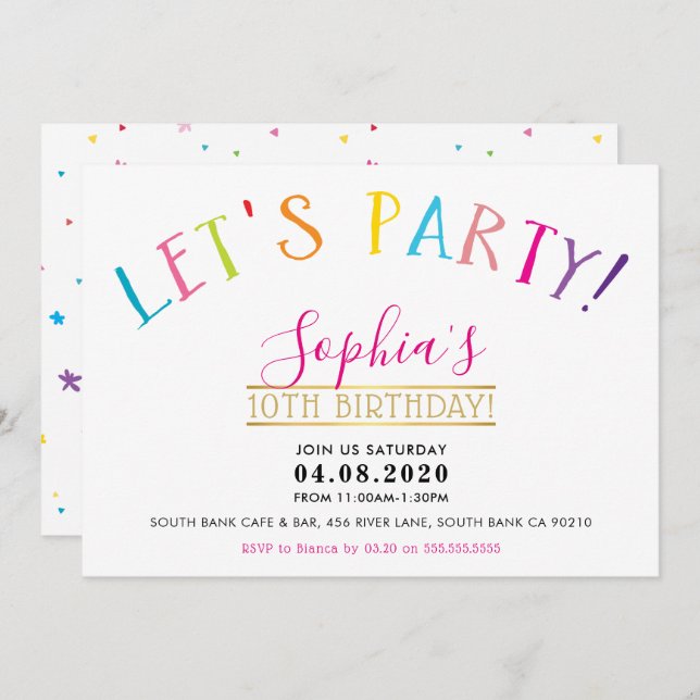 TWEEN BIRTHDAY PARTY bright colours let's party Invitation (Front/Back)
