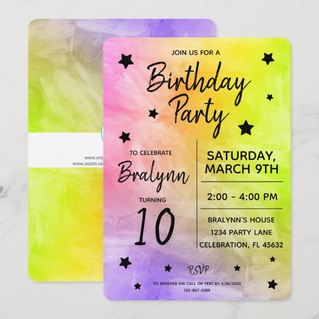 Tween Girl Birthday Party Watercolor Design Invitation (Front/Back)