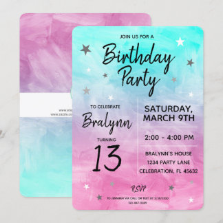 Tween Girl Birthday Party Watercolor Design Invitation