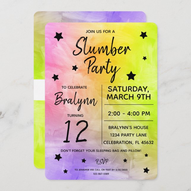 Tween Girl Birthday Slumber Party Watercolor Invitation (Front/Back)