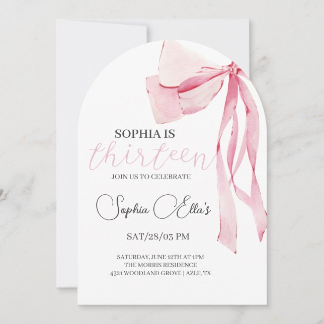 Tween Pink Bow 13th Birthday | Coquette 13th Birth Invitation (Front)