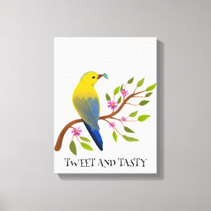 tweet and Tasty Watercolor Bird & Bug on branch Canvas Print