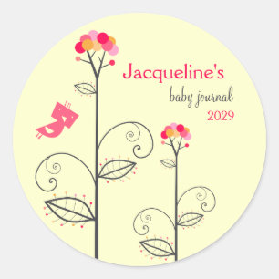 Tweet Bird And Pink Dots Bloom Tree Baby Bookplate Classic Round Sticker