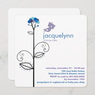 Tweet Bird Blue Bloom Dots Tree Chic Baby Shower Invitation