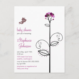 Tweet Bird Purple Bloom Dots Tree Chic Baby Shower Invitation Postcard