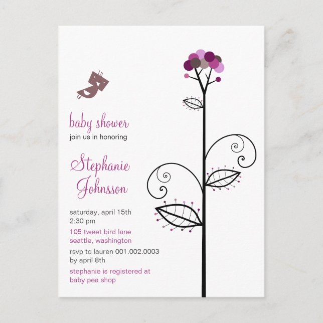 Tweet Bird Purple Bloom Dots Tree Chic Baby Shower Invitation Postcard (Front)