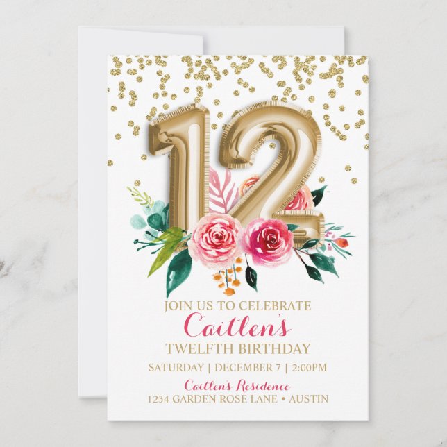 Twelfth Birthday Gold Foil Balloons Floral  Invitation (Front)