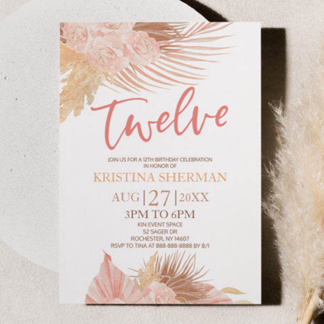 Twelve Boho Pink Floral 12th Birthday Party Invitation (Creator Uploaded)