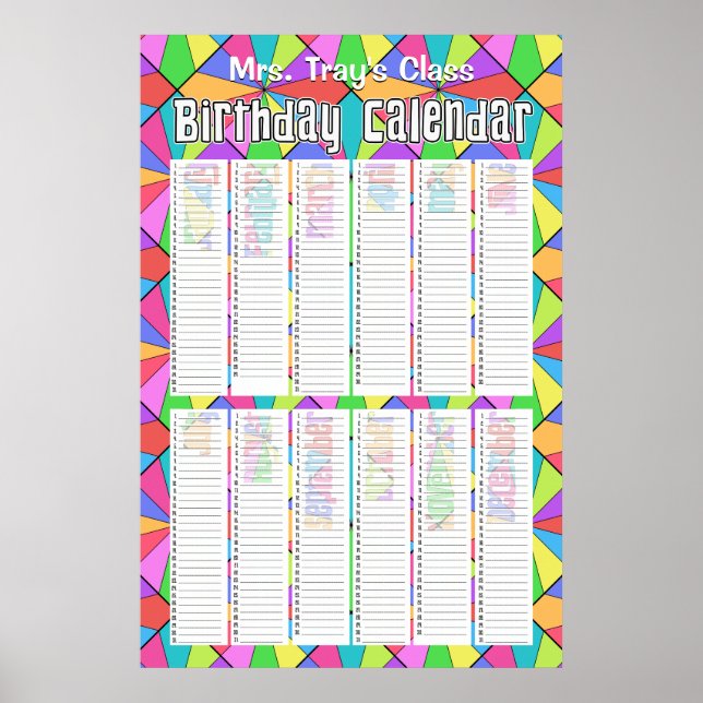 Twelve Colors Custom Perpetual Birthday Calendar Poster (Front)