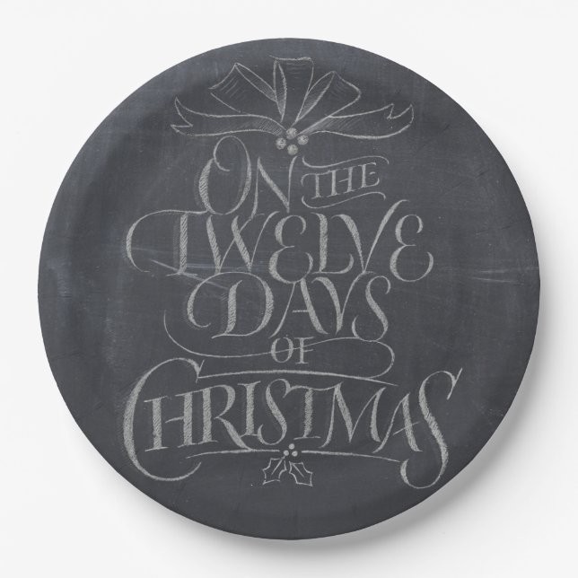Twelve Days of Christmas Chalkboard Calligraphy Paper Plate (Front)