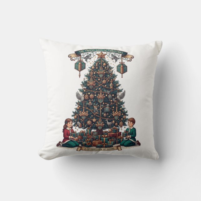 Twelve Days of Christmas T-Shirt, Ornate Gift Tree Cushion (Front)