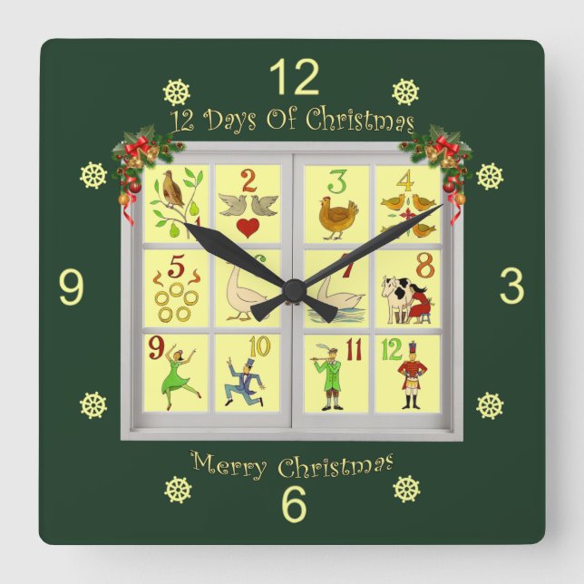 Twelve Days Of Christmas Window ~  Square Wall Clock (Front)