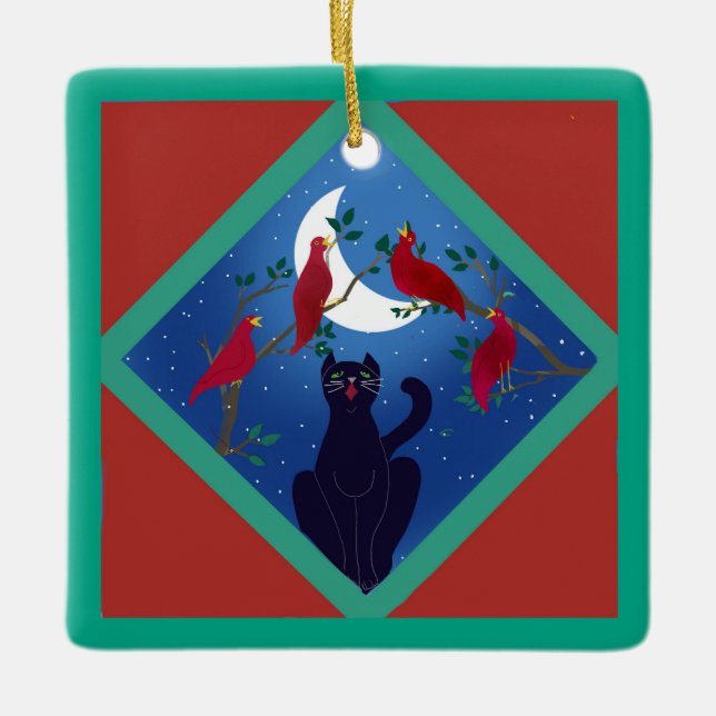 Twelve Days Of Christmas with Cat 4th Day Ceramic Ceramic Ornament (Front)