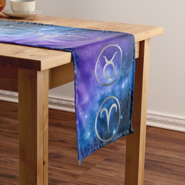 Twelve Grey Zodiac Symbols on blue galaxy | Long Table Runner (In Situ)