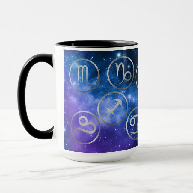Twelve Grey Zodiac Symbols on blue galaxy | Mug (Left)