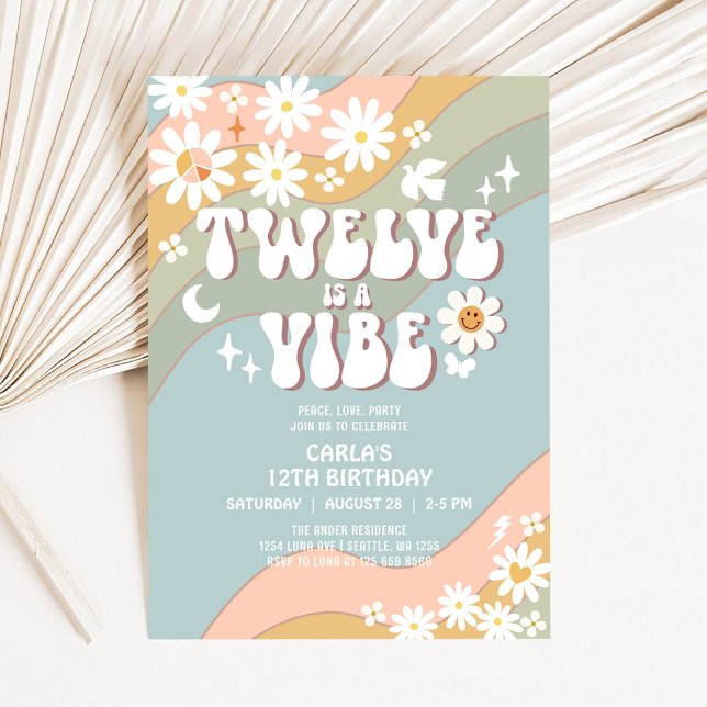 TWELVE is a Vibe Daisy Hippie 70s Retro Birthday Invitation (Creator Uploaded)