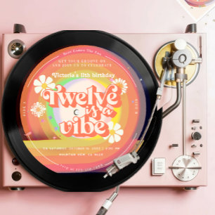 Twelve is a Vibe Groovy Retro Vinyl Rainbow Daisy Invitation