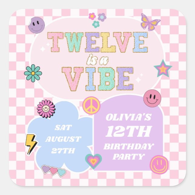 Twelve Is A Vibe Preppy Patch 12th Birthday Party Square Sticker (Front)