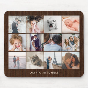Twelve Photo Collage   Rustic Wood Look Mouse Mat