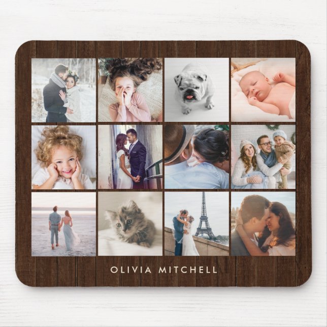 Twelve Photo Collage | Rustic Wood Look Mouse Mat (Front)