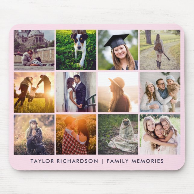 Twelve Photo Collage | Trendy Blush Pink Mouse Mat (Front)