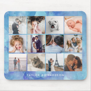 Twelve Photo Collage Watercolor Blue Mouse Mat