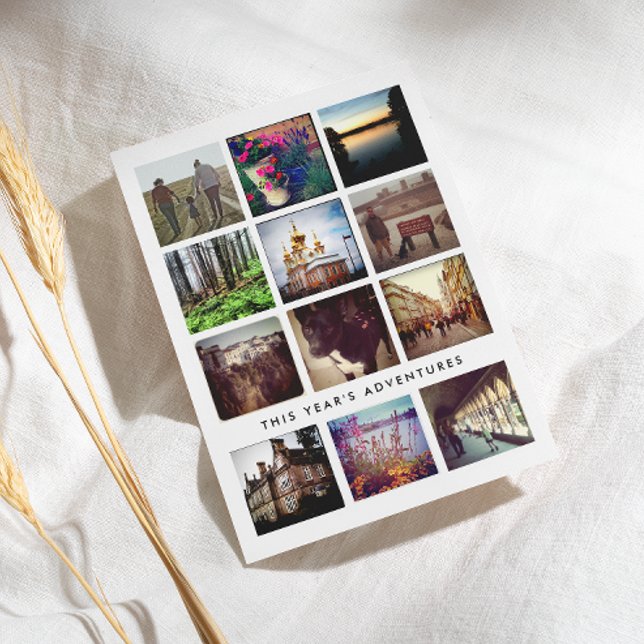 Twelve Square Photo Collage Happy Holiday Postcard (Holiday postcard design with 12 square photos one for every month of the year and message on back)