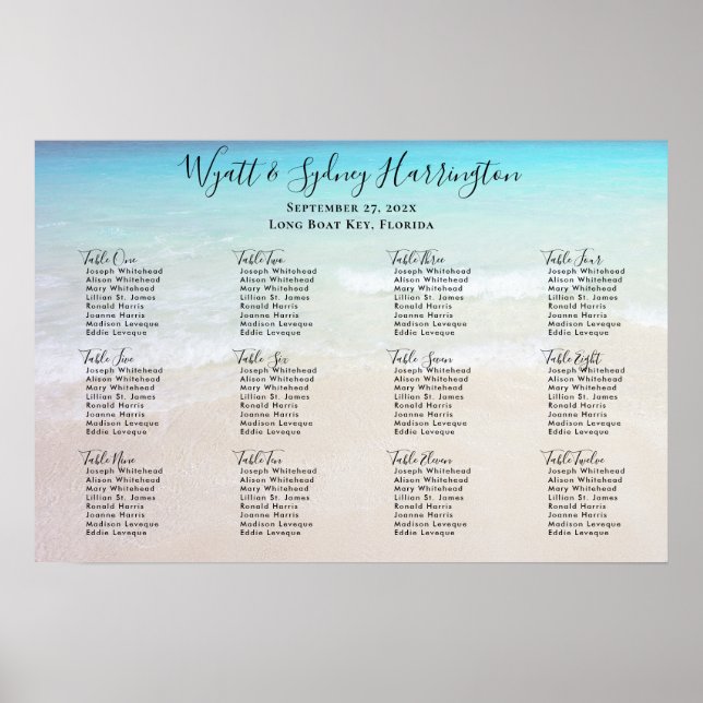 Twelve Table Beach Background Table Seating Chart (Front)