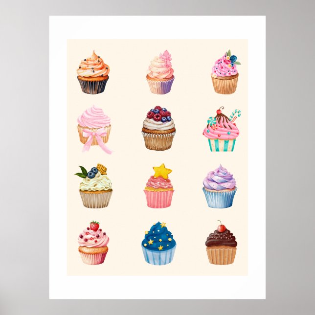 Twelve Watercolor Cupcakes Poster (Front)