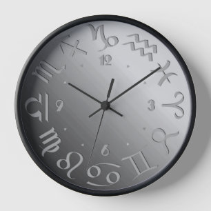 Twelve Zodiac Symbols in Silver Grey  Clock