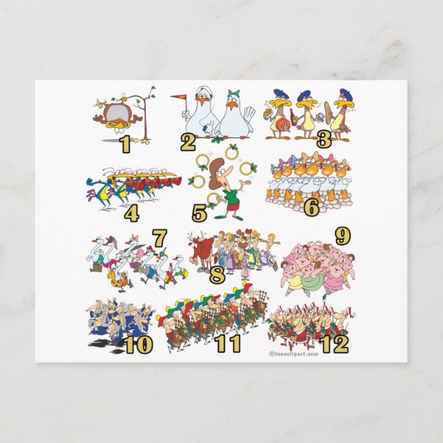 twelves days christmas song cartoon holiday postcard (Front)