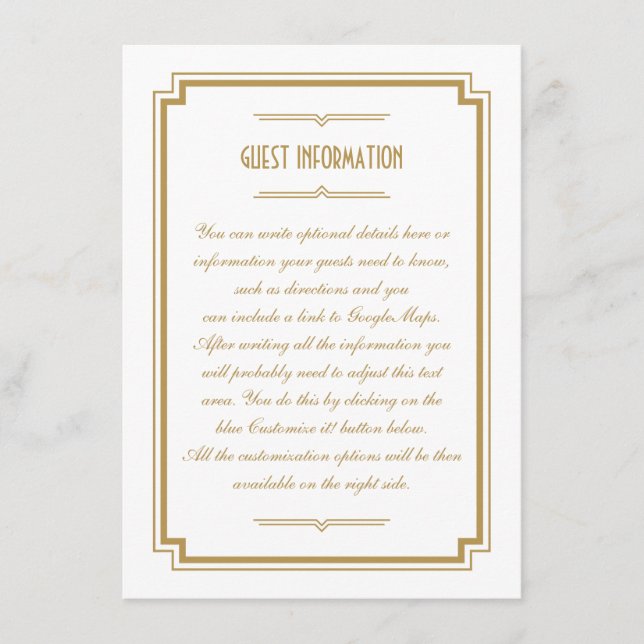 Twenties Art Deco Gold Frame Wedding Insert Card (Front)