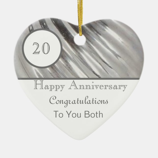 Twentieth Wedding Anniversary Platinum  Heart Ceramic Tree Decoration (Front)