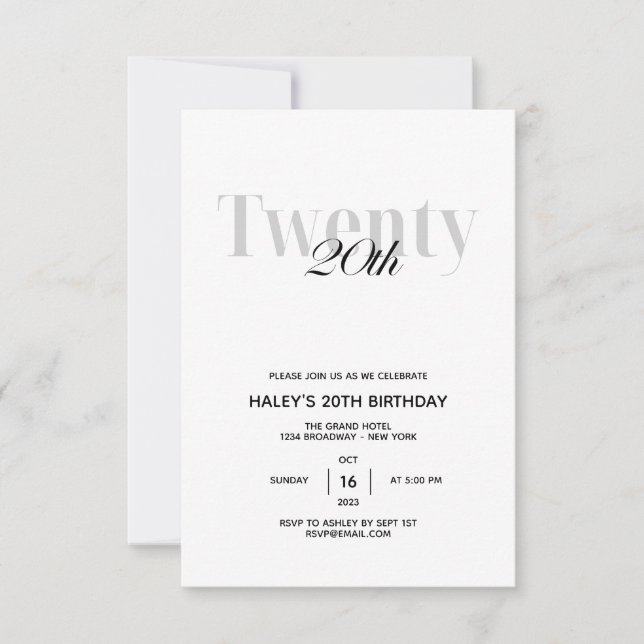 Twenty - 20th Birthday Party Black & White Chic Invitation (Front)