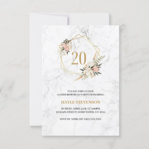 Twenty - 20th Birthday Party Floral Marble Chic Invitation