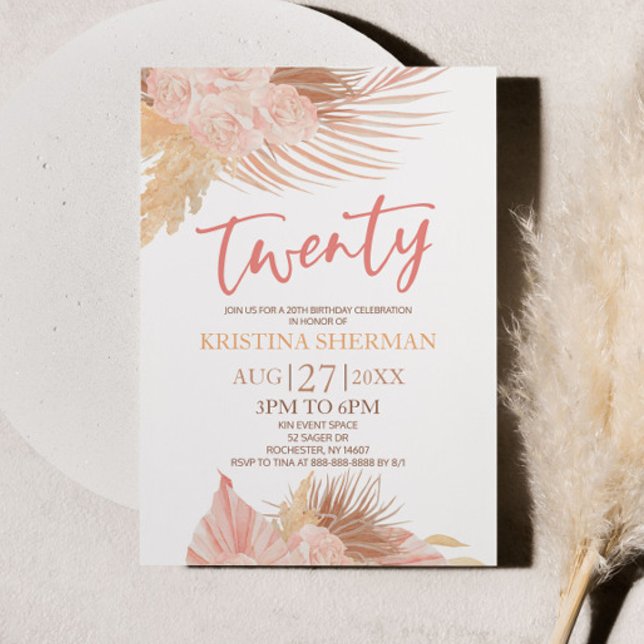 Twenty Boho Pink Floral Flower 20th Birthday Party Invitation (Creator Uploaded)