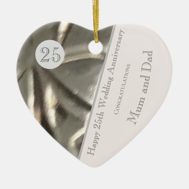 Twenty Fifth Wedding Anniversary, Silver, Keepsake Ceramic Tree Decoration (Front)