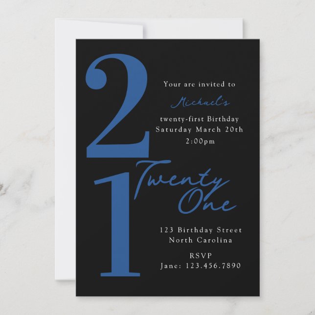 Twenty First 21st Birthday Black Blue Modern Invitation (Front)