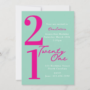 Twenty First 21st Birthday Pink Green Modern Invitation