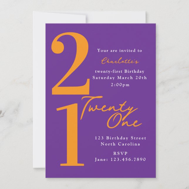 Twenty First 21st Birthday Purple Orange Modern Invitation (Front)